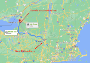 Google Map route to David’s vaccination appointment on February 15 in Adams, New York