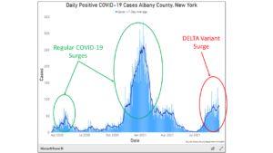 Figure 1: Data for new cases of COVID-19 in our county show that the new Delta variant now exceeds the surges of 2020 that caused the lockdowns--second only to the big surge of last January.